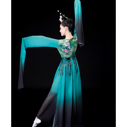 Green blue gradient Chinese Folk Classical dance costumes water sleeves  Caiwei dance dresses princess fairy hanfu performance clothes adult long skirt
